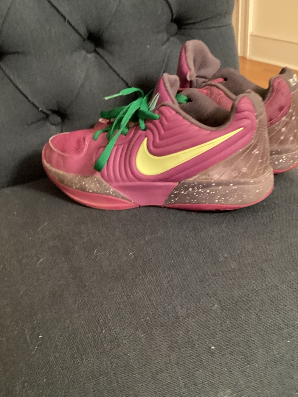 Nike Kids Burgundy Sneakers with Yellow Swoosh and Green Laces